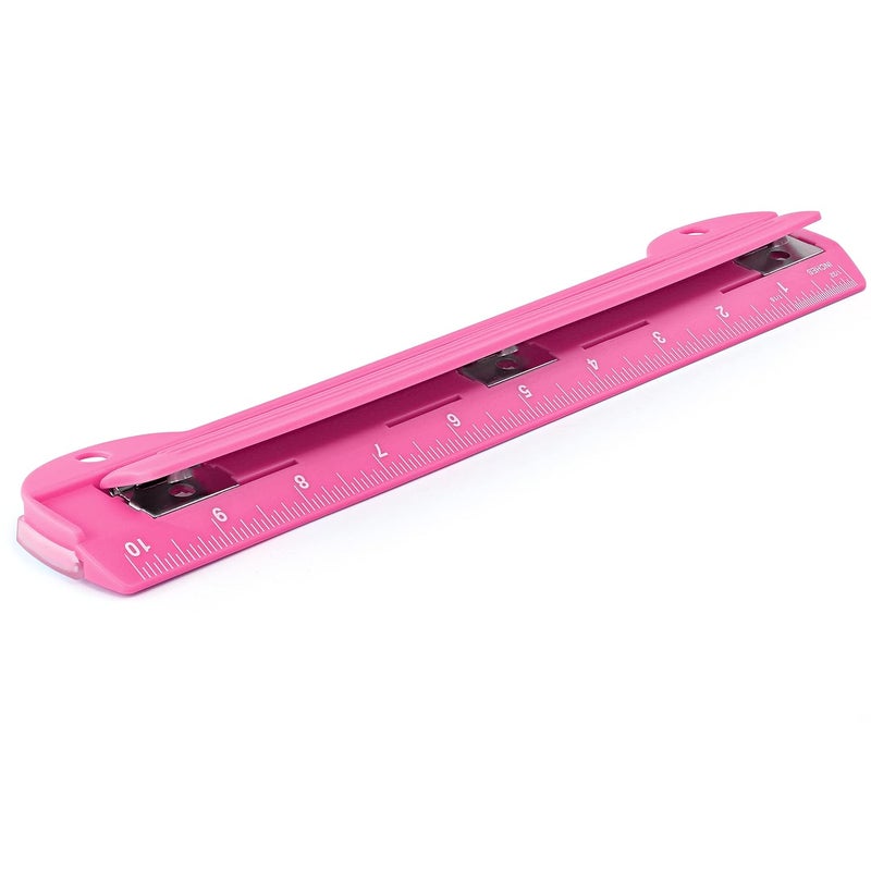 Enday 3 Hole Punch Pink, Portable Hole Puncher for 3 Ring Binder, 3 Sheets Capacity, Removable Chip Tray, 10” Ruler for School, Office, Also Available in Purple, Blue, Green, Red, Grey, 1 Pc-by - Image 1